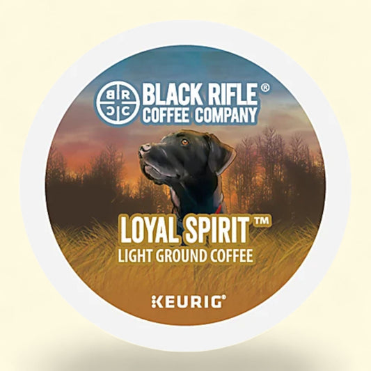 Black Rifle Coffee Company Loyal Spirit coffee package with a dog on a field background