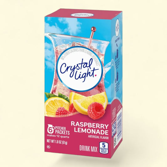 Box of Crystal Light Raspberry Lemonade drink mix on a beige background