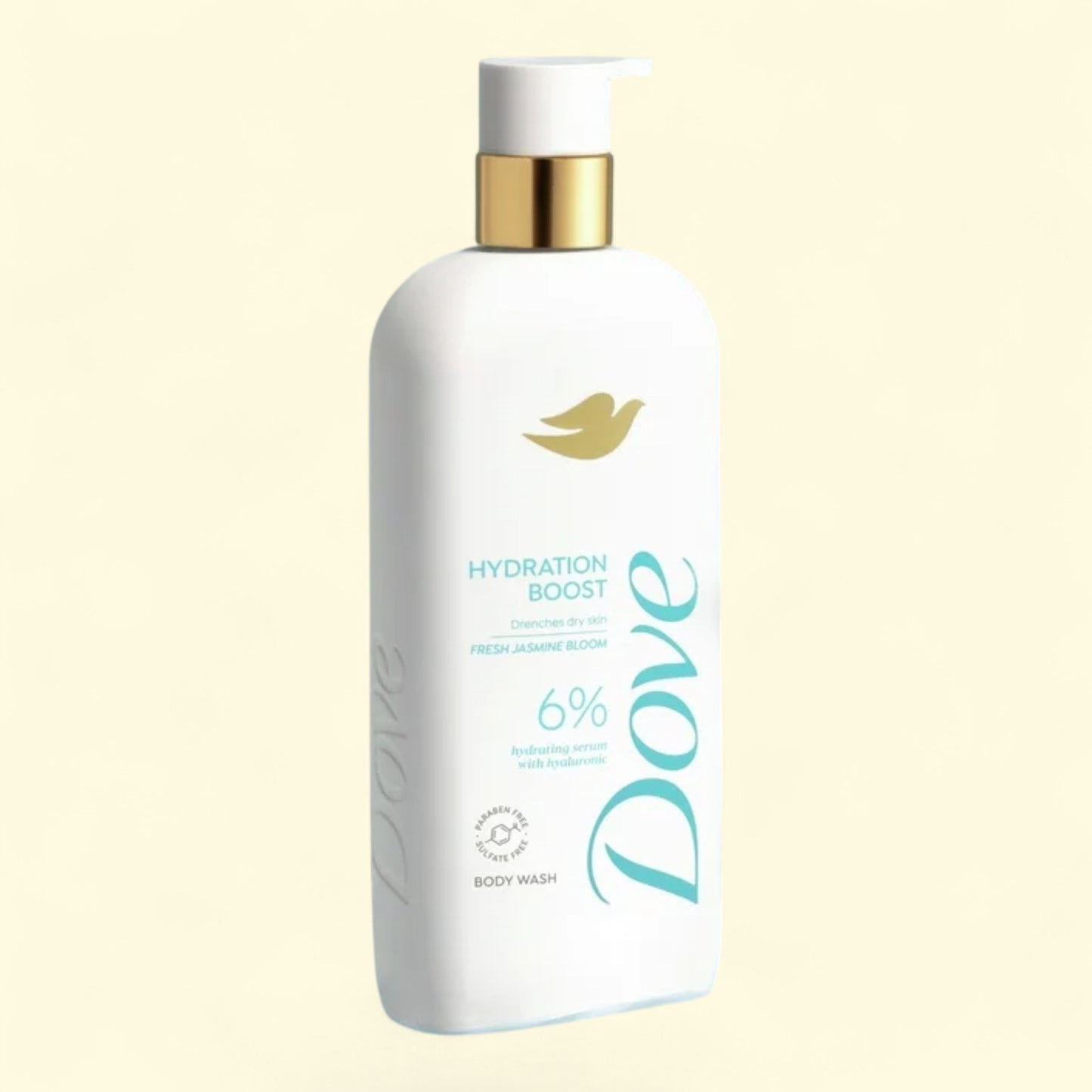 Dove Hydration Boost body wash bottle on a light beige background