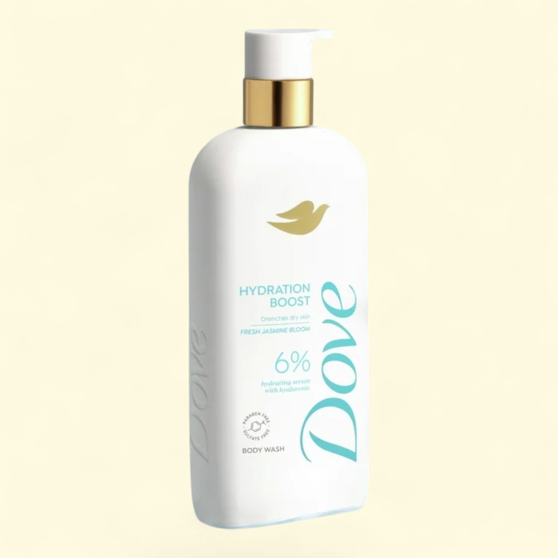Dove Hydration Boost body wash bottle on a light beige background