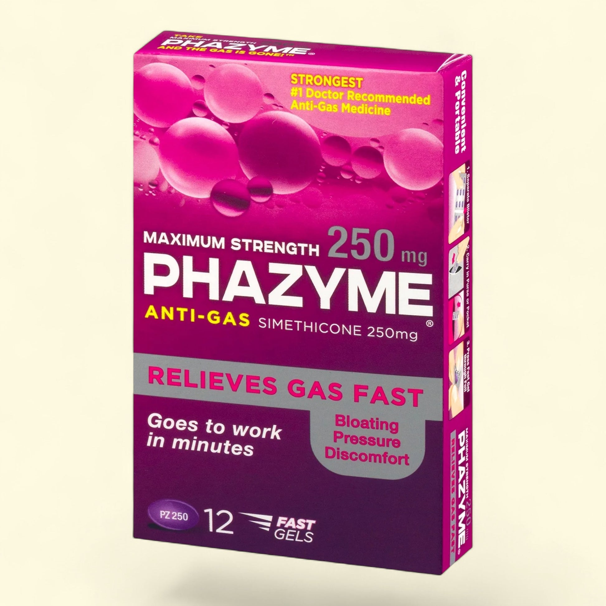 Box of Phazyme Maximum Strength Anti-Gas medication on a beige background