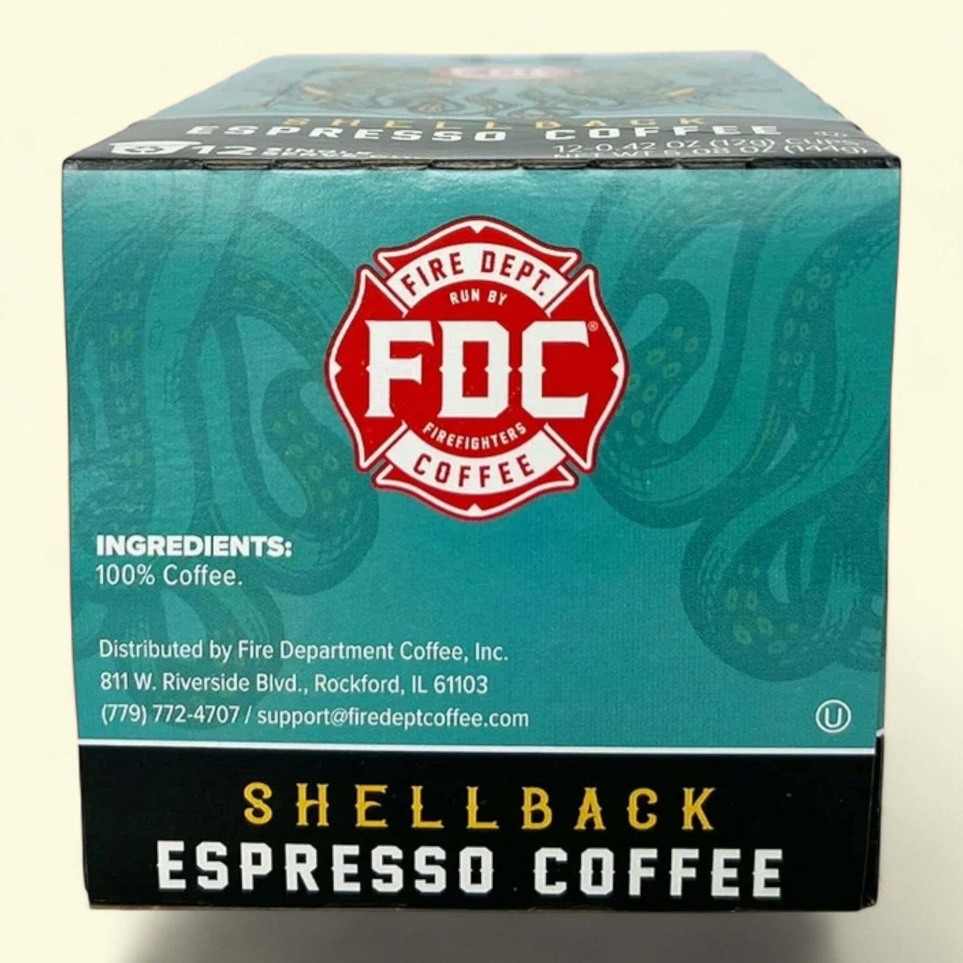 Box of Shellback Espresso Coffee from Fire Department Coffee on a beige background