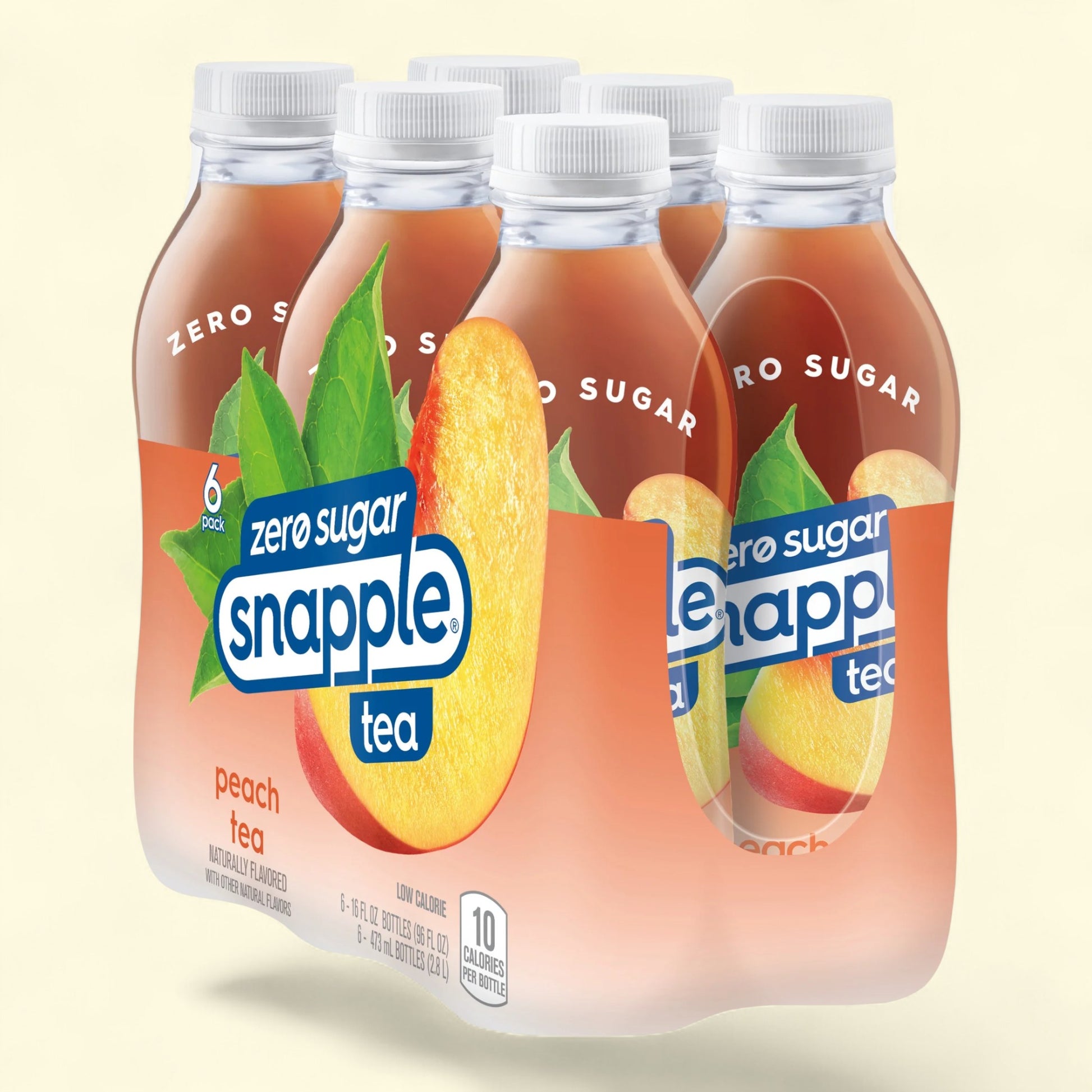 Packaging of Snapple peach tea bottles with zero sugar label on a light beige background
