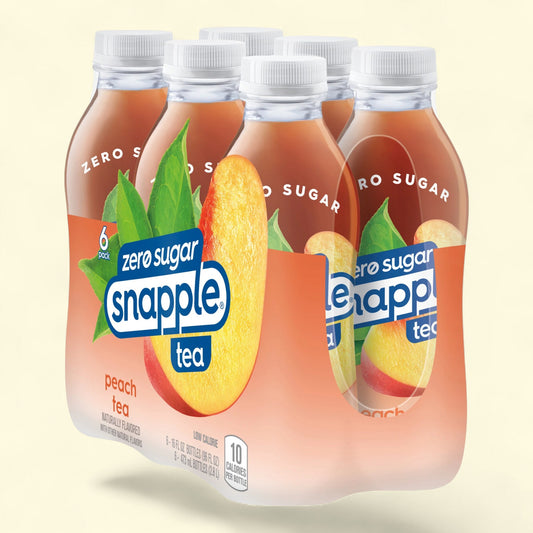 Packaging of Snapple peach tea bottles with zero sugar label on a light beige background
