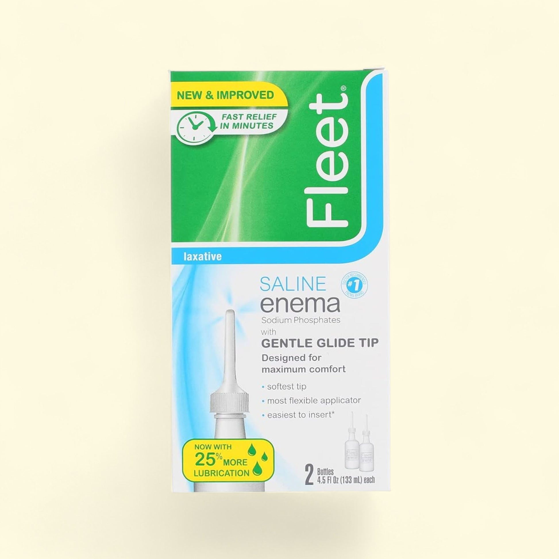 Fleet saline enema packaging on a beige background