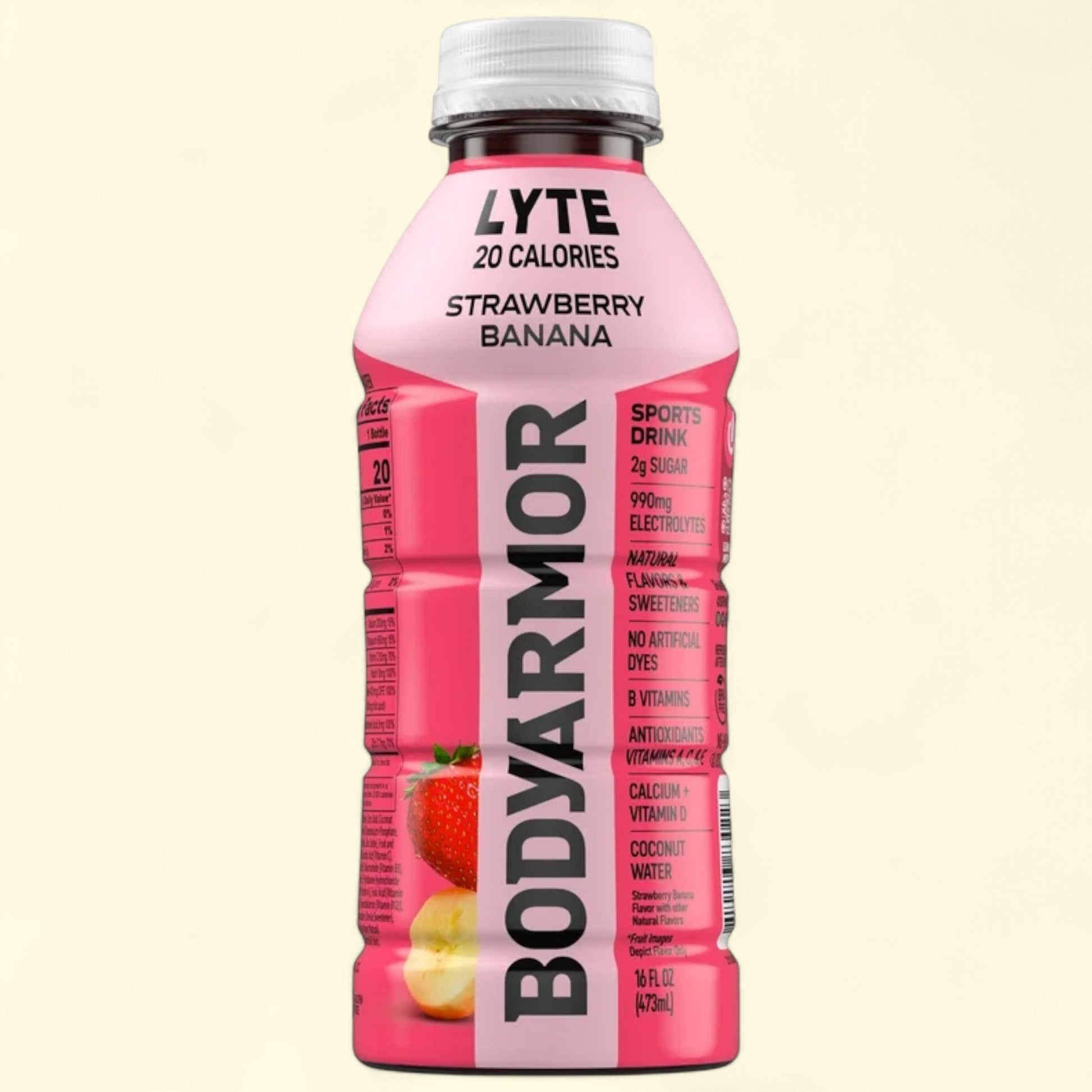 BodyArmor Lyte Strawberry Banana sports drink bottle on a beige background