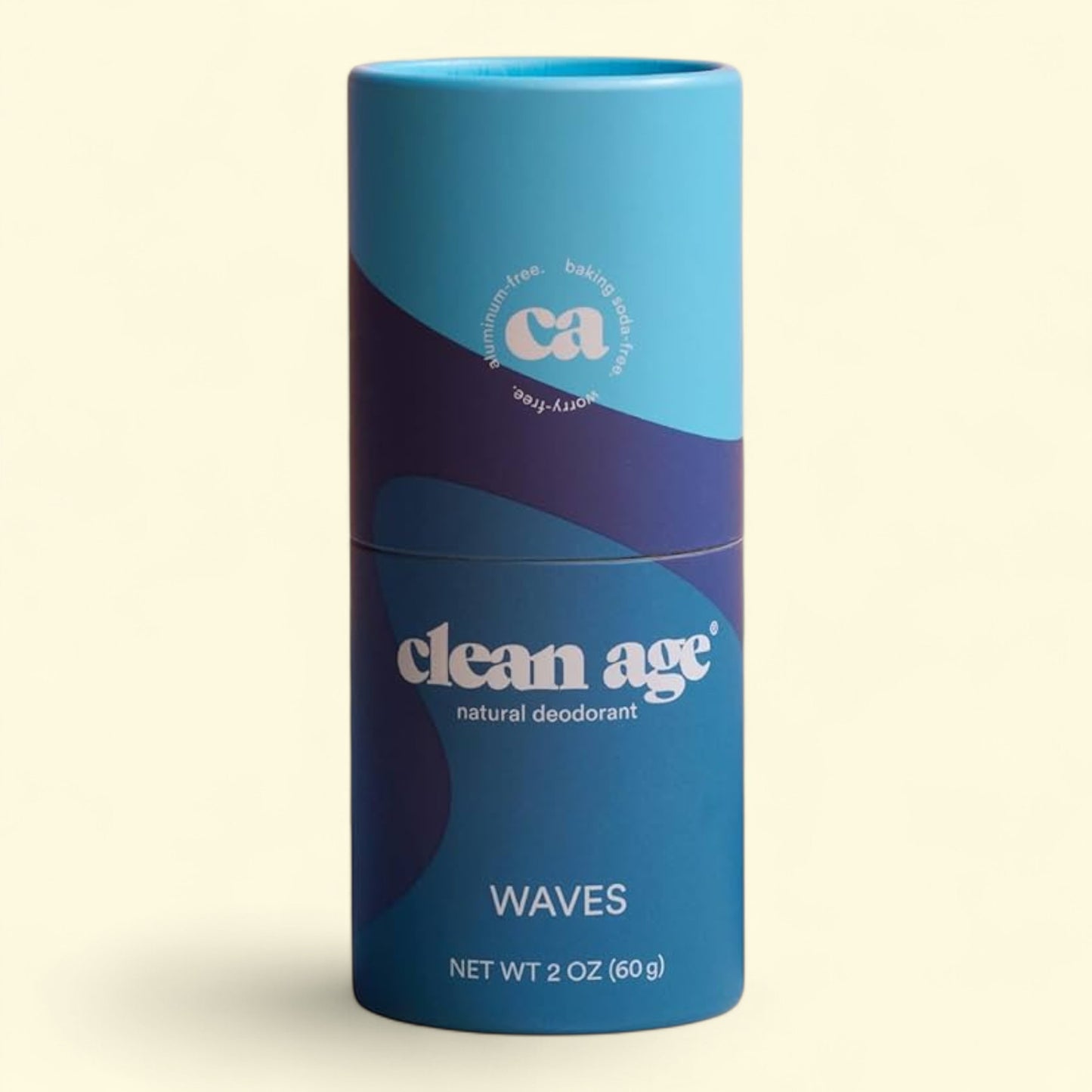 Blue cylindrical deodorant container with 'clean age' branding on a beige background