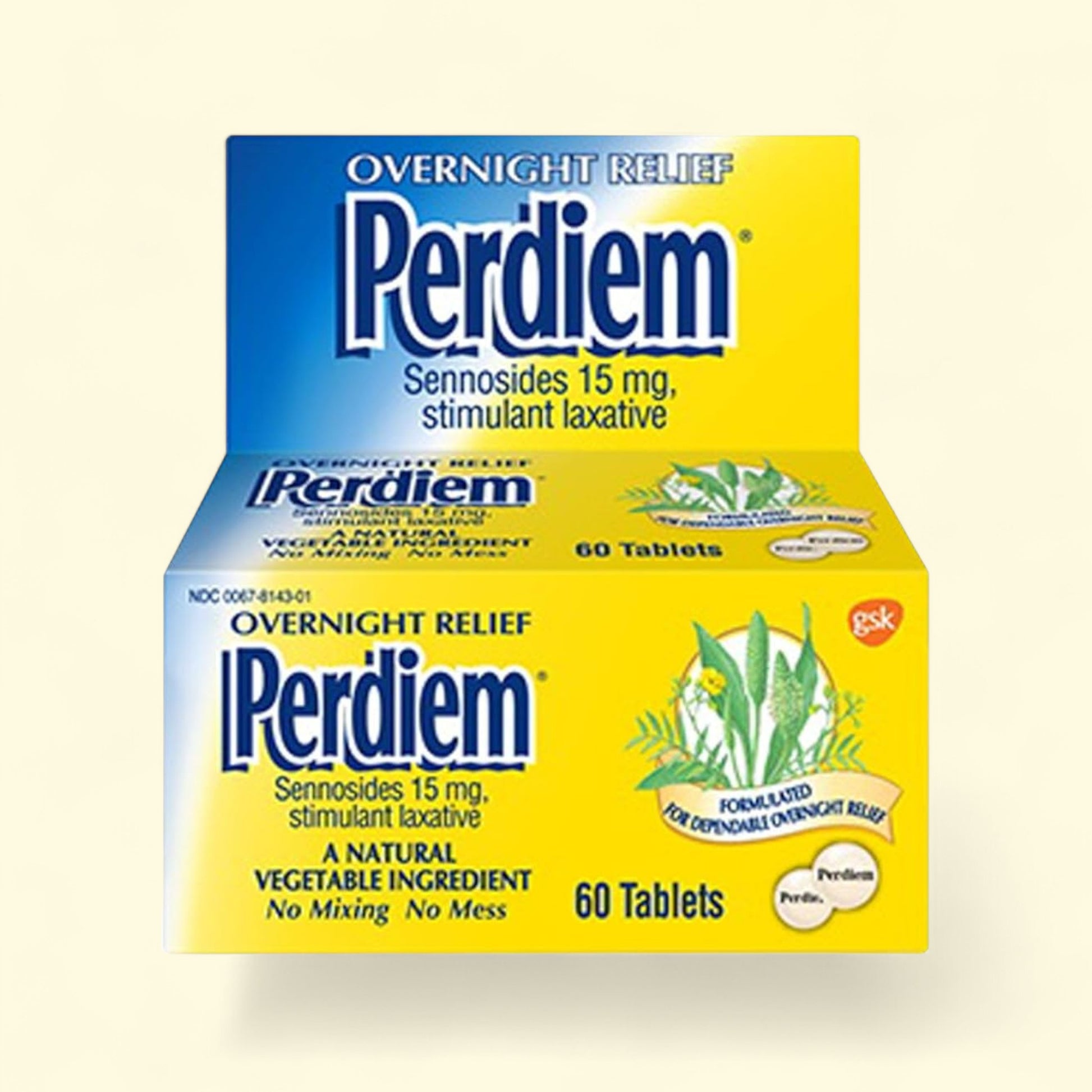 Perdiem laxative packaging on a beige background
