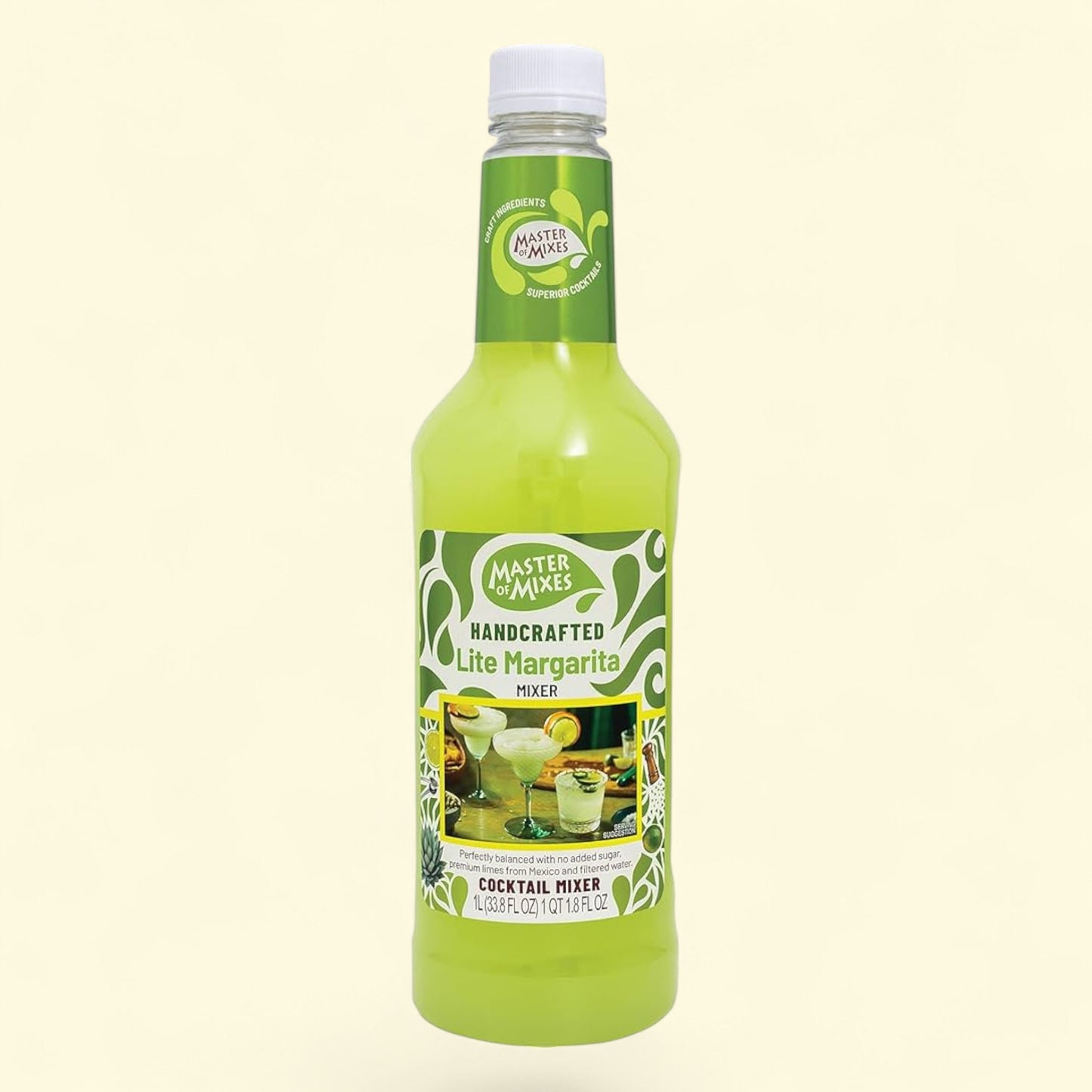 Bottle of Master of Mixes Lite Margarita mixer on a beige background