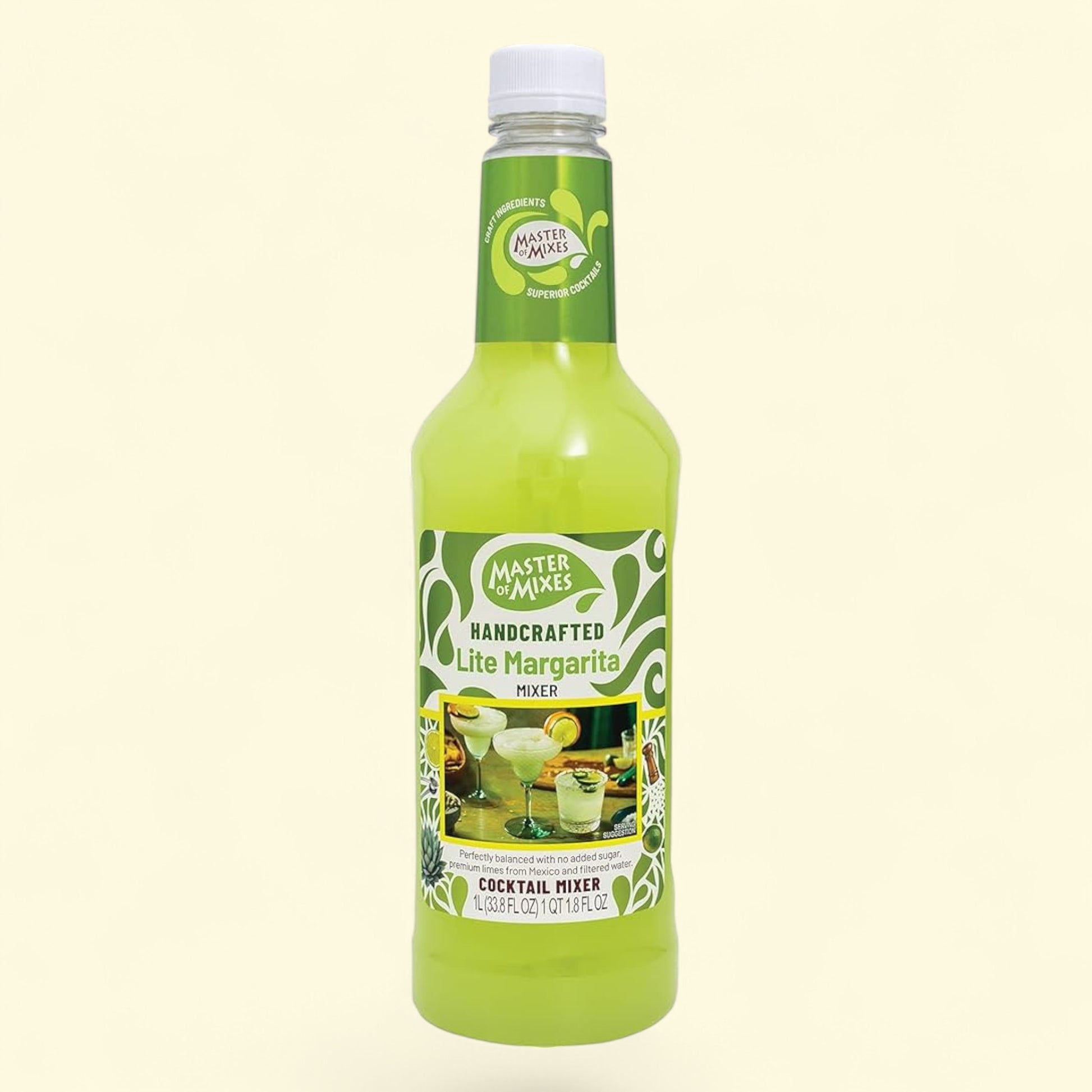 Bottle of Master of Mixes Lite Margarita mixer on a beige background