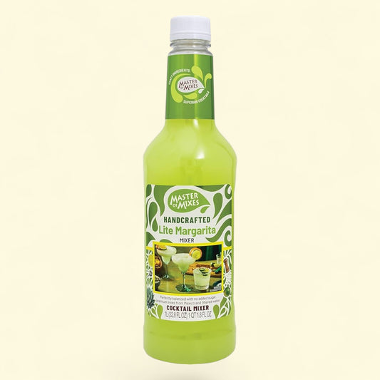 Bottle of Master of Mixes Lite Margarita mixer on a beige background