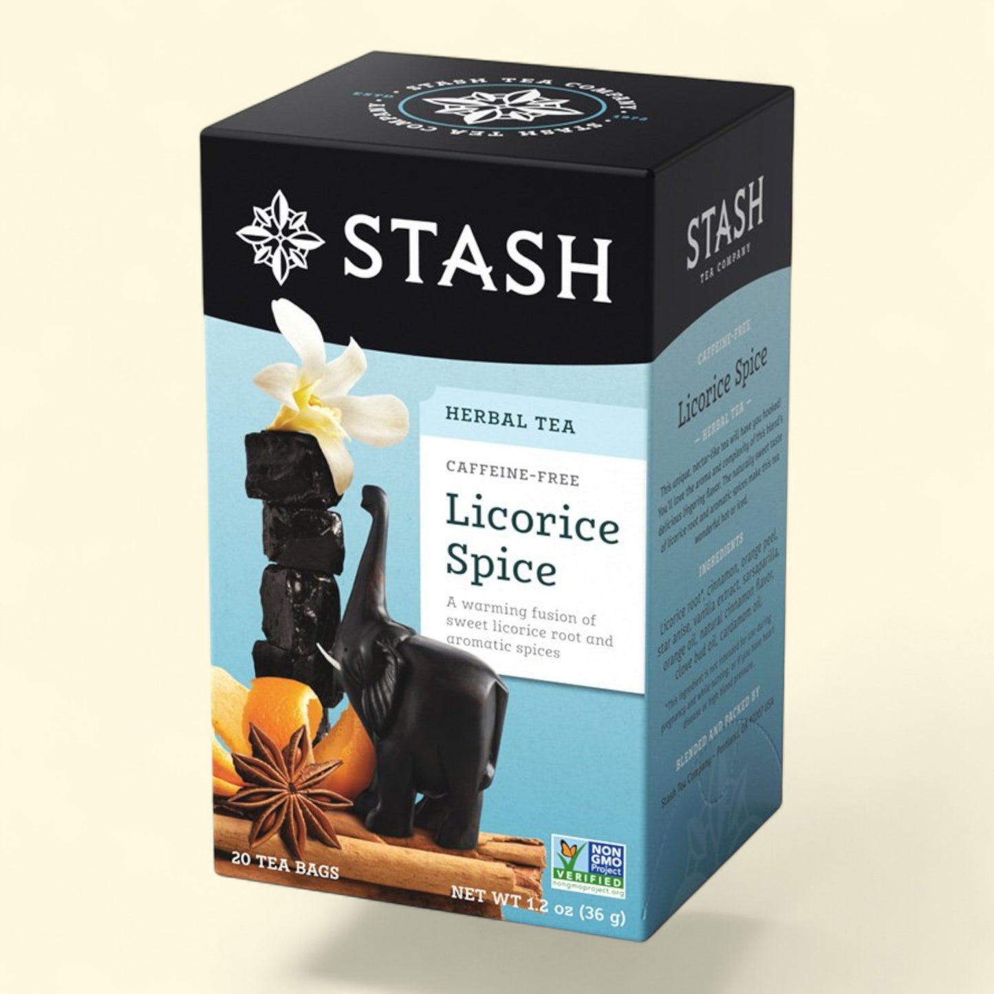 Stash Licorice Spice herbal tea box on a beige background