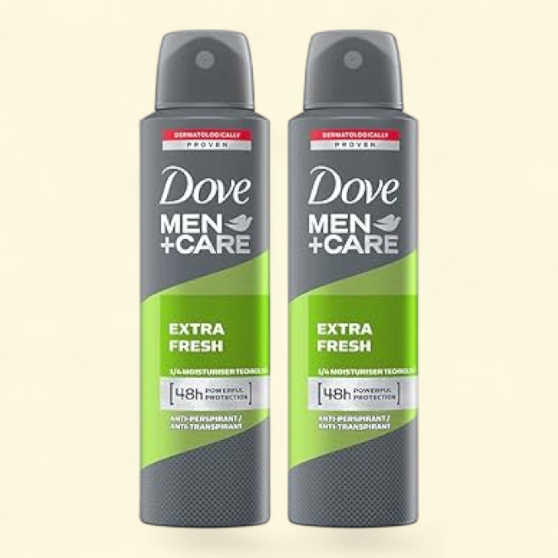 Two bottles of Dove Men+Care Extra Fresh deodorant on a light beige background