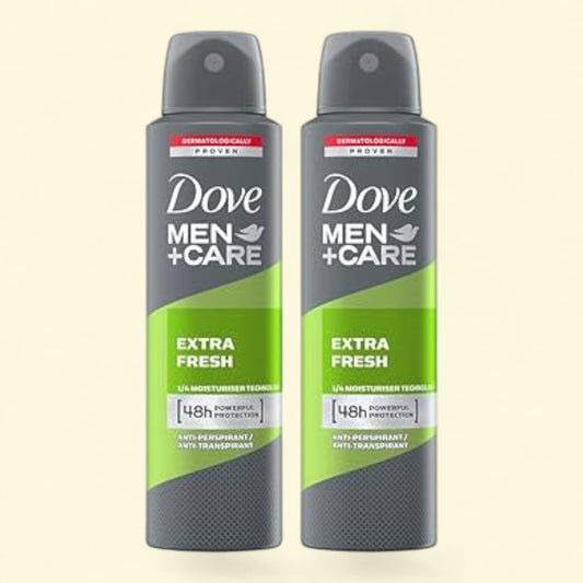Two bottles of Dove Men+Care Extra Fresh deodorant on a light beige background