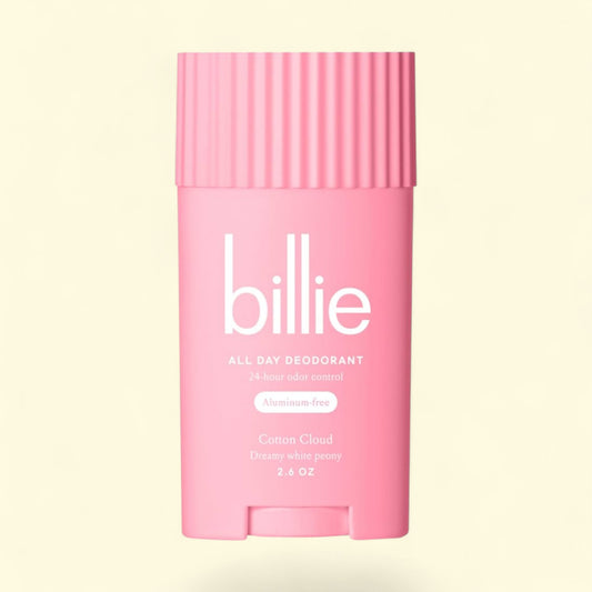 Pink 'billie' deodorant stick on a light beige background