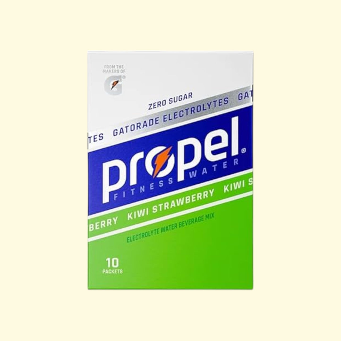 Box of Propel Fitness Water Berry Kiwi Strawberry flavor on a beige background