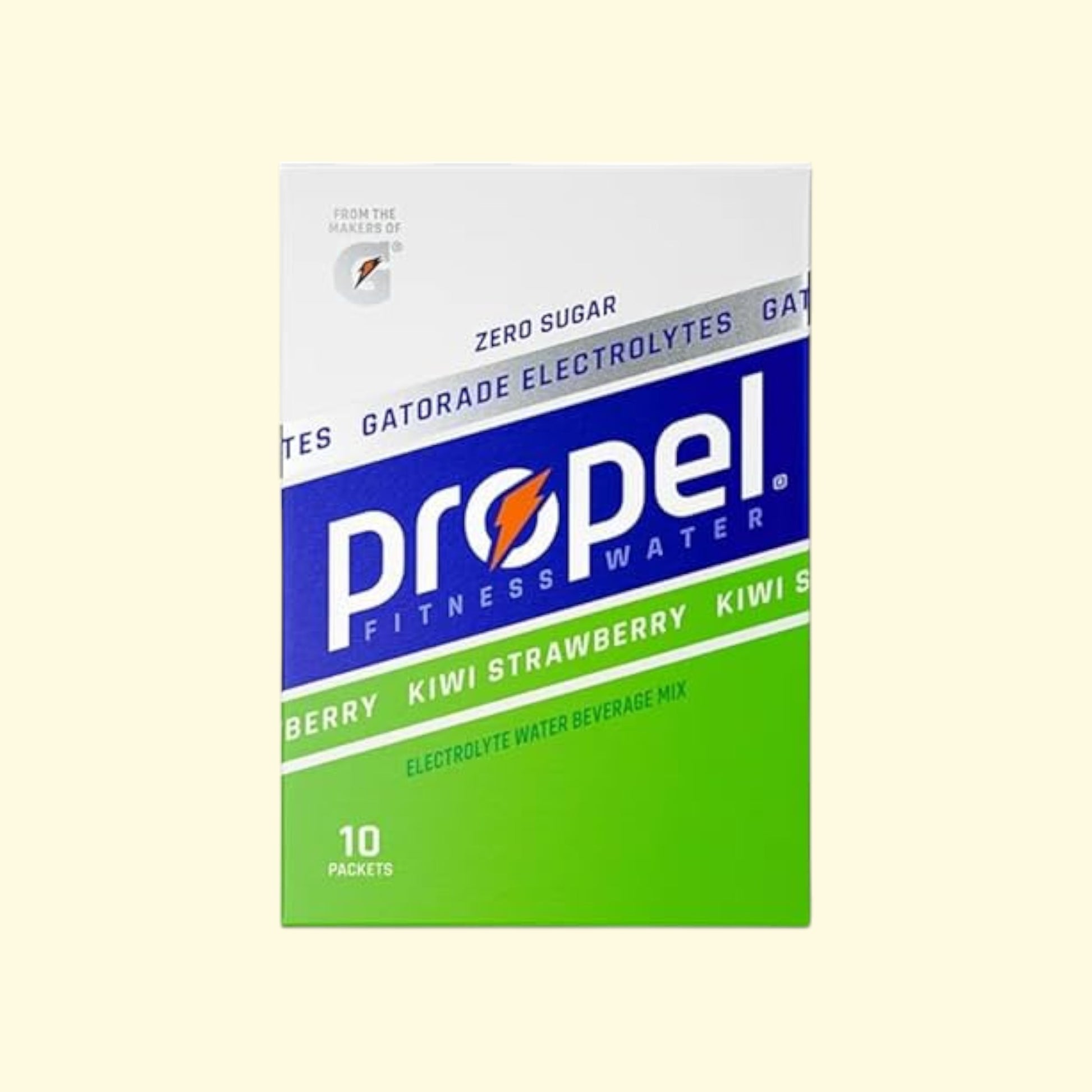 Box of Propel Fitness Water Berry Kiwi Strawberry flavor on a beige background