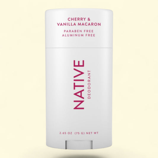 Native deodorant stick with cherry and vanilla macaron flavor 