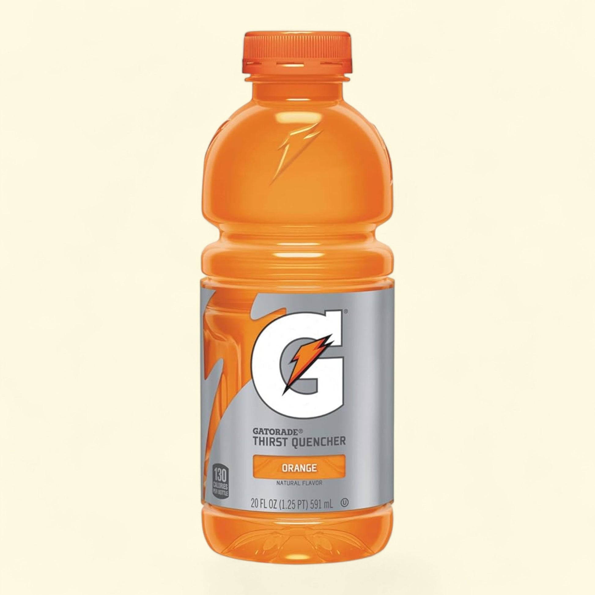 Orange Gatorade bottle with a red cap on a beige background