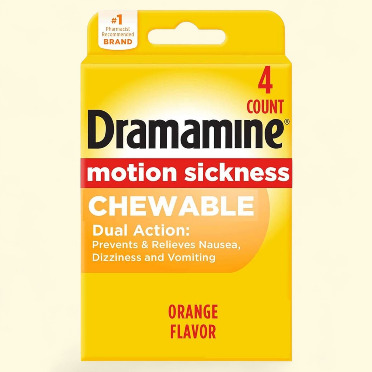Dramamine motion sickness chewable packaging with yellow and orange design