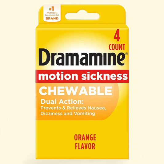 Dramamine motion sickness chewable packaging with yellow and orange design