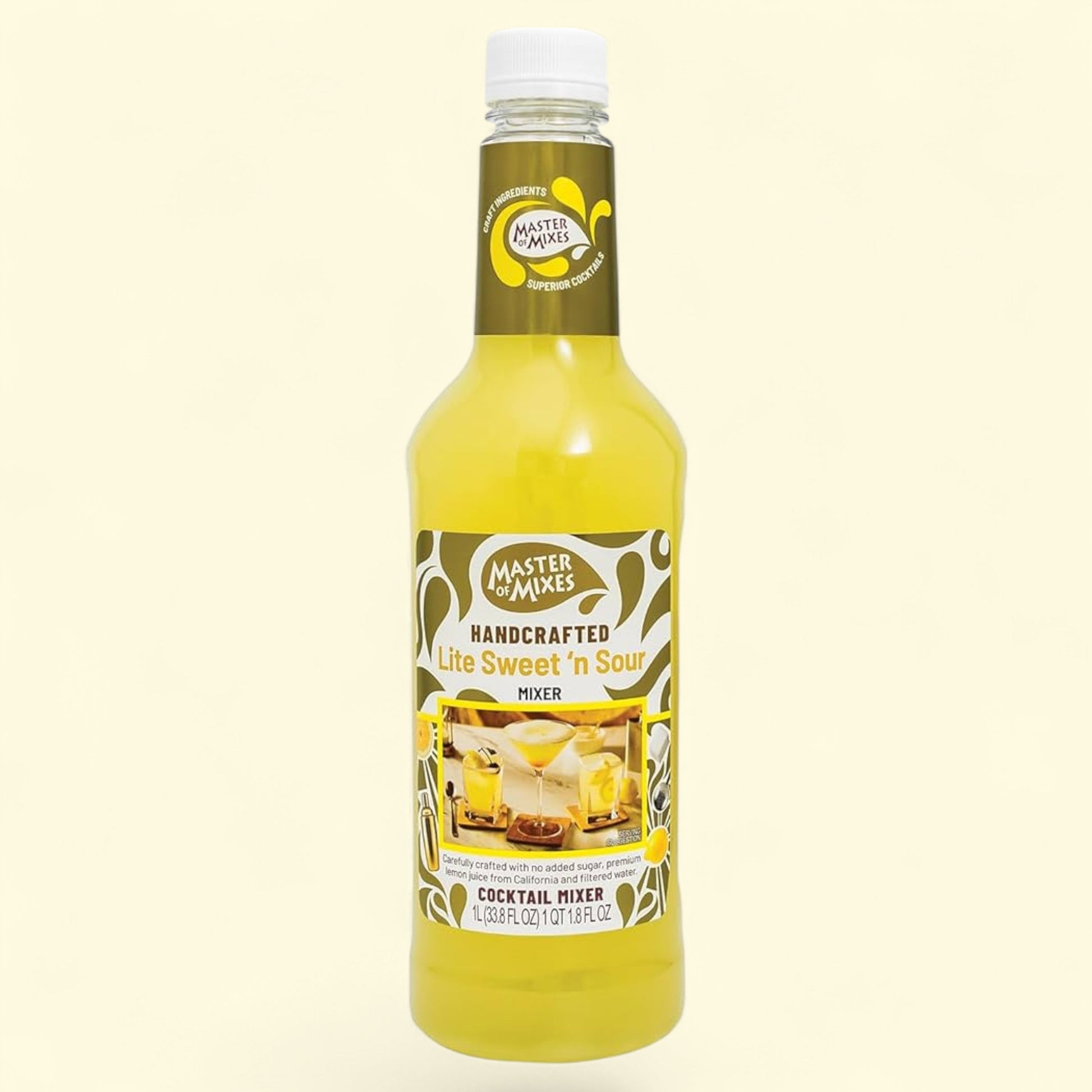 Bottle of Master of Mixes Lite Sweet 'n Sour cocktail mixer on a white background