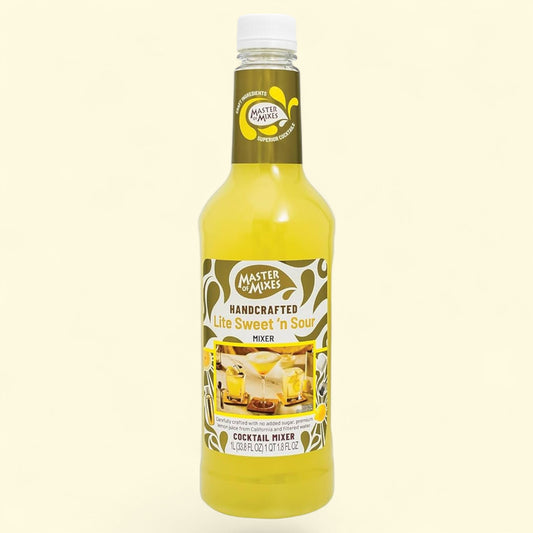 Bottle of Master of Mixes Lite Sweet 'n Sour cocktail mixer on a white background