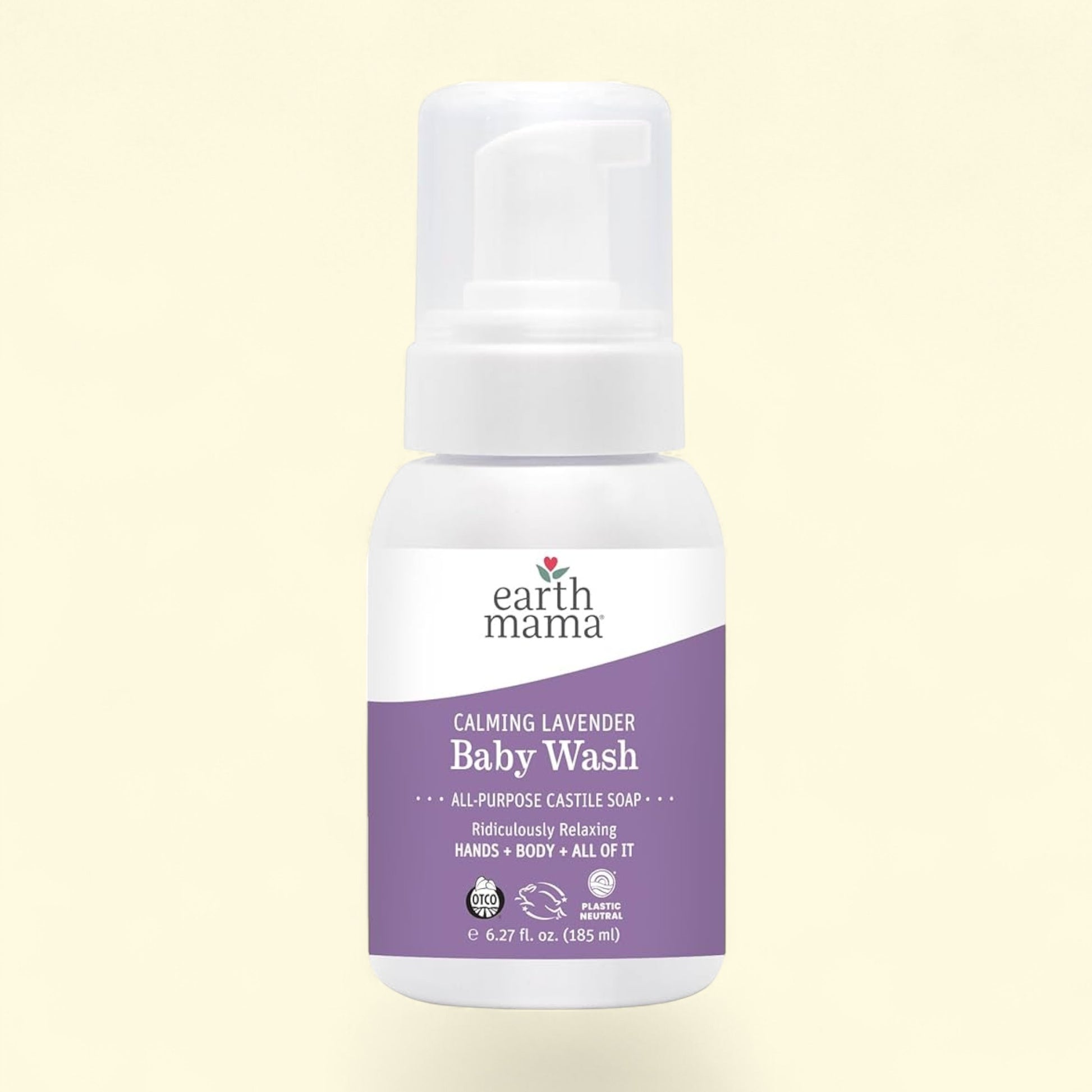 Earth Mama Calming Lavender Baby Wash bottle on a light beige background