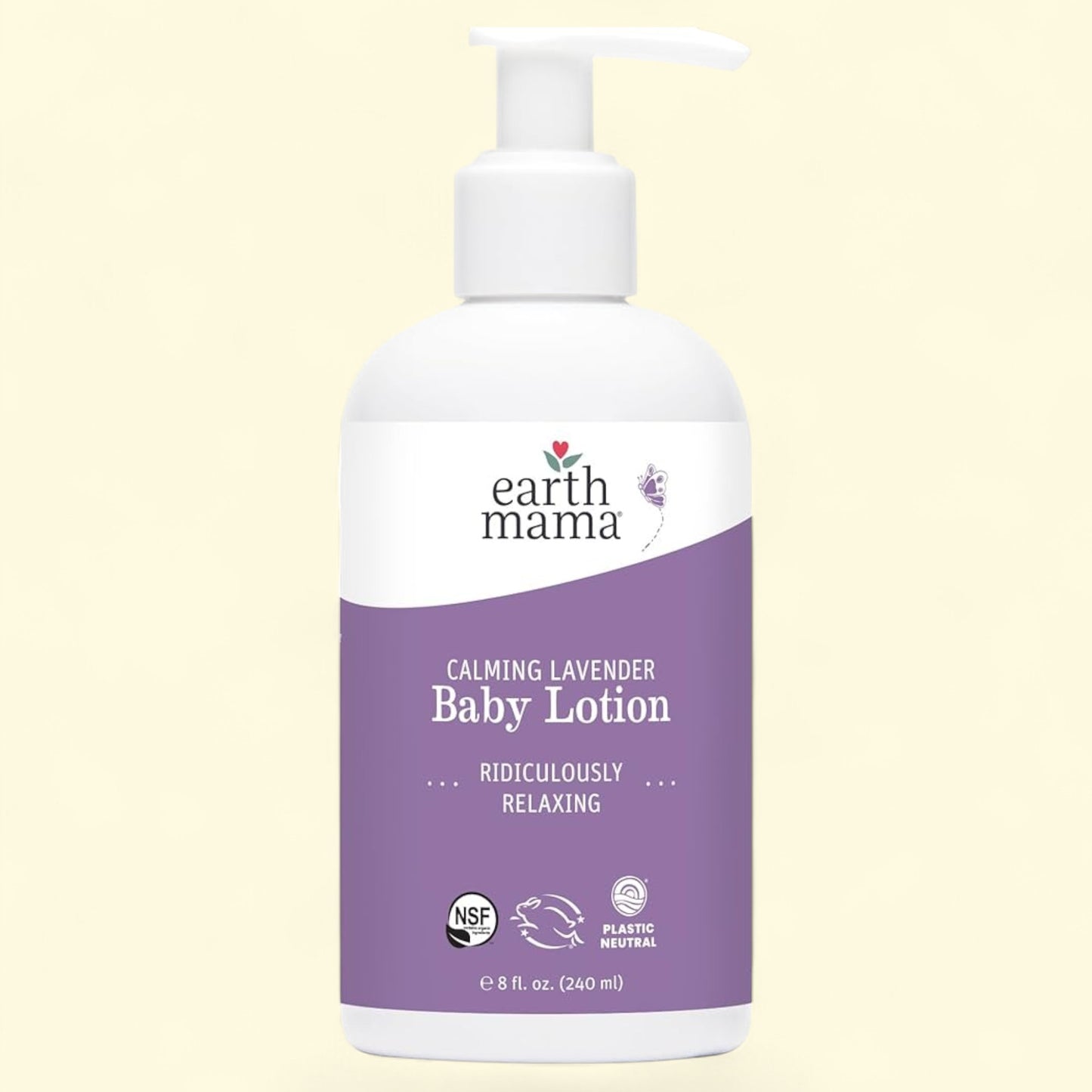 Flacon de lotion apaisante à la lavande pour bébé Earth Mama sur fond beige clair