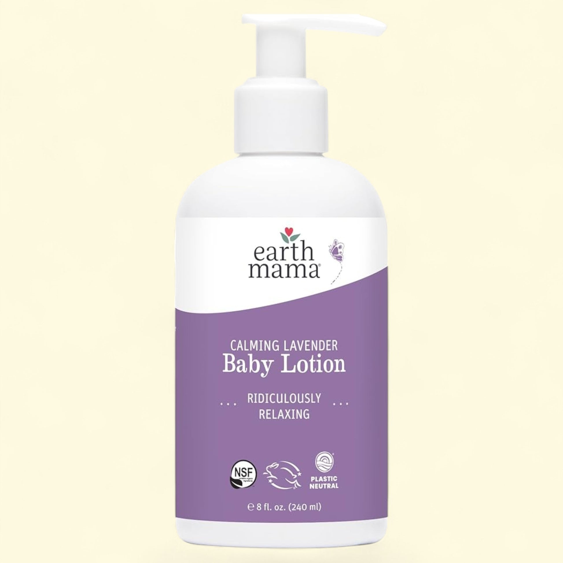 Flacon de lotion apaisante à la lavande pour bébé Earth Mama sur fond beige clair