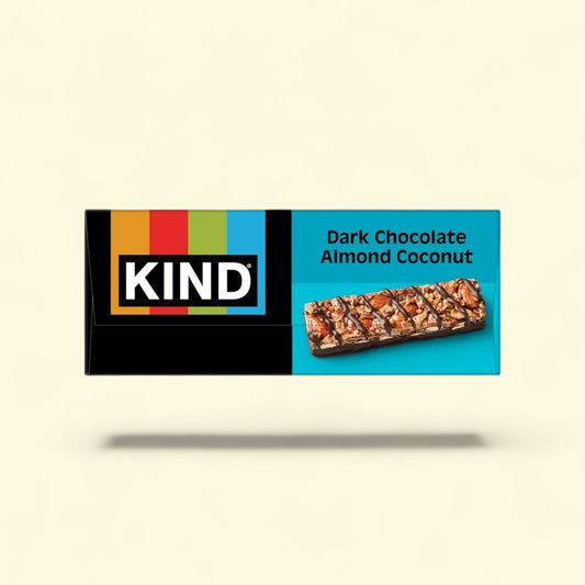 Kind Dark Chocolate Almond Coconut bar packaging on a beige background
