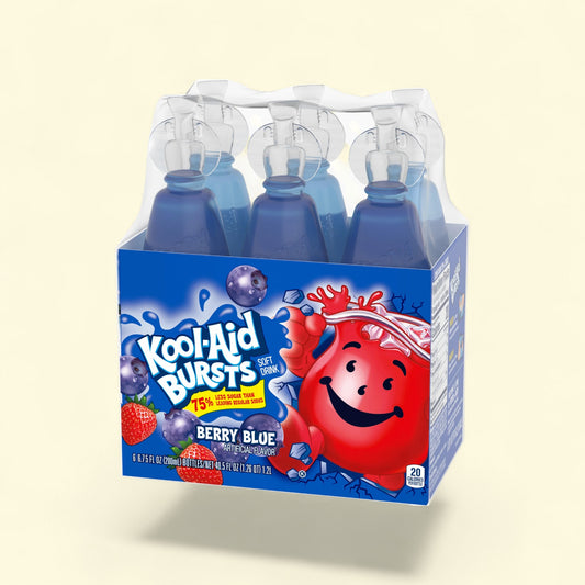 Kool-Aid Bursts Berry Blue drink mix packaging on a beige background