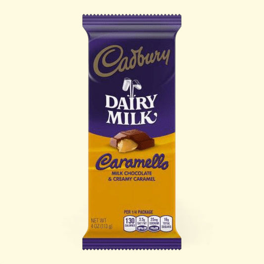 Cadbury Dairy Milk Caramello chocolate bar packaging on a beige background