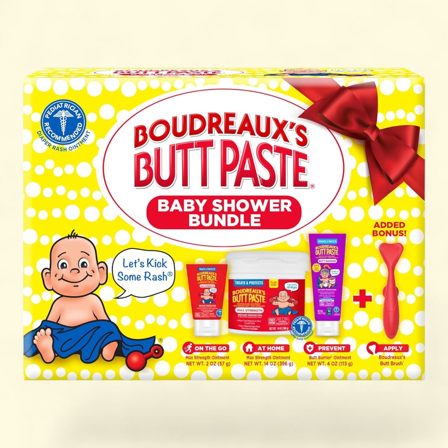 Emballage du coffret « Baby Shower » de Boudreaux's Butt Paste sur fond jaune