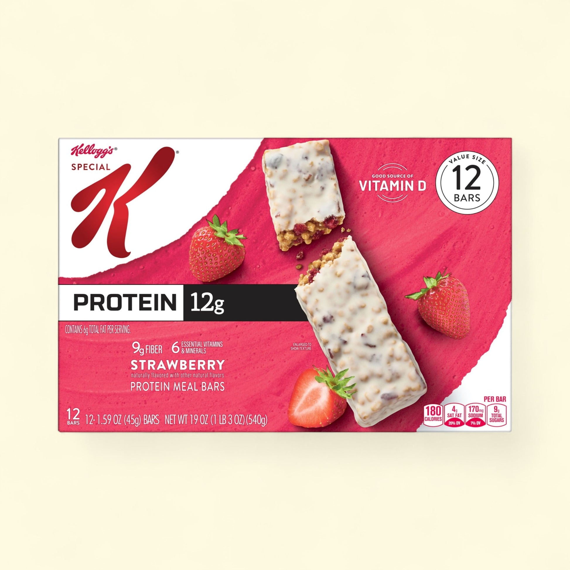 Kellogg's Special K Protein Strawberry bars on a light beige background