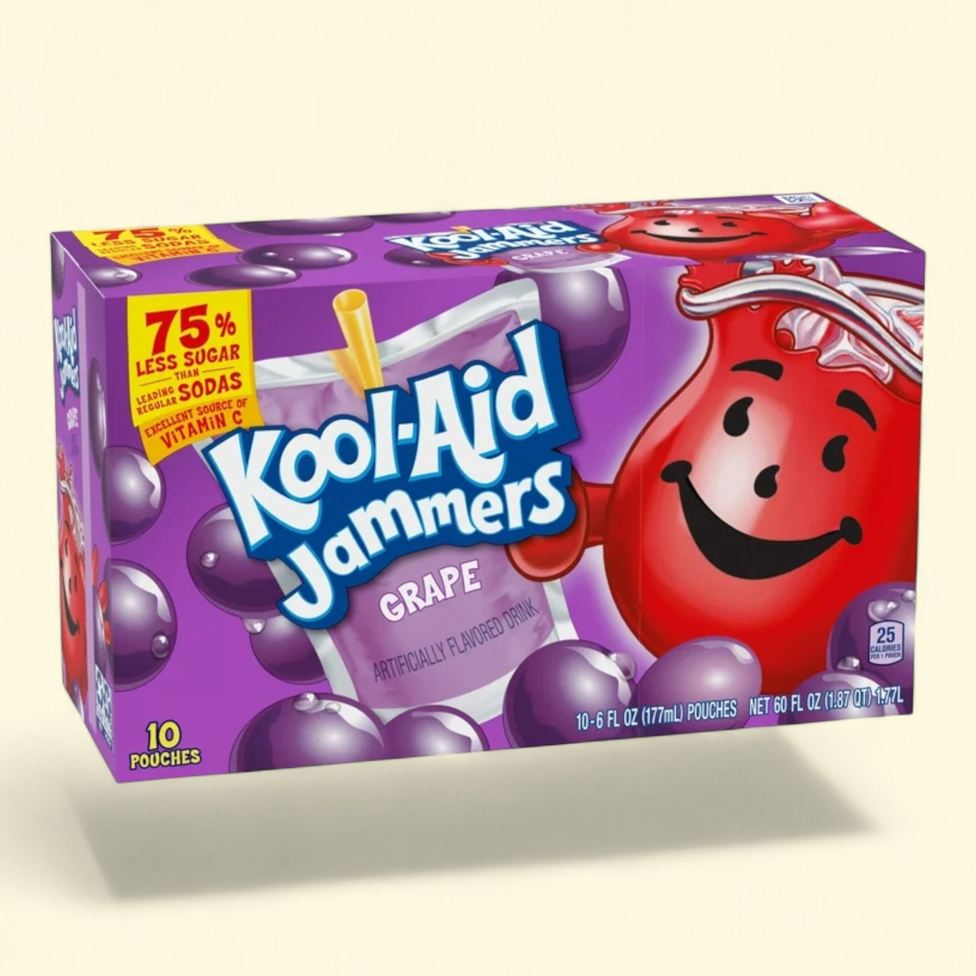 Kool-Aid Jammers Grape flavor packaging on a beige background
