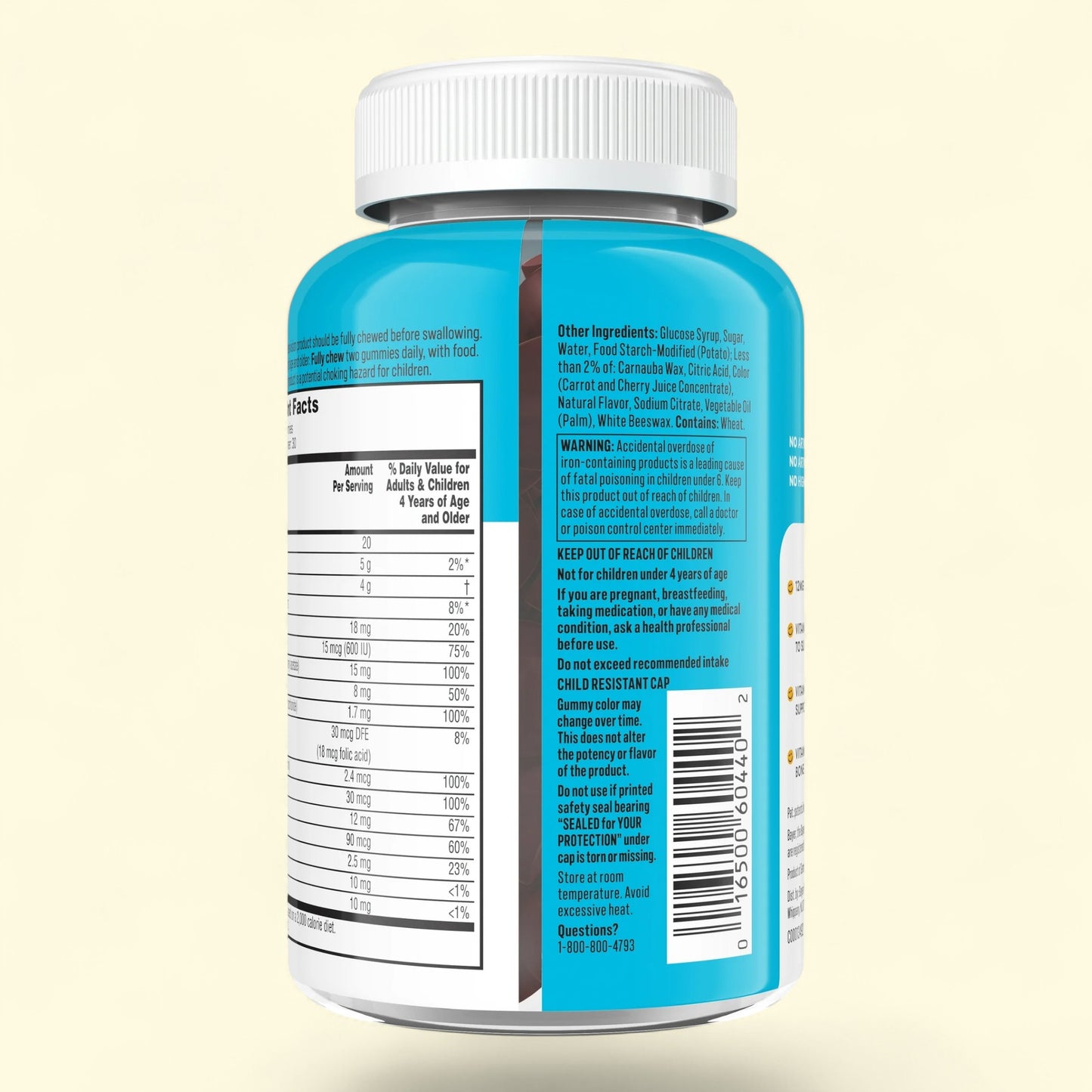 Supplement bottle with blue label and white cap on a beige background