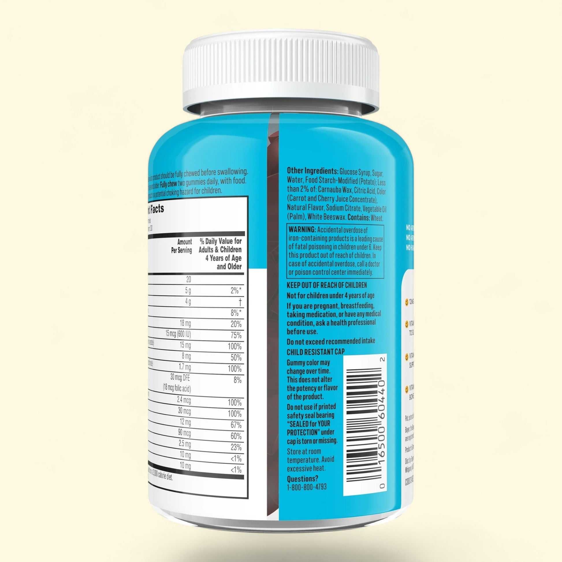Supplement bottle with blue label and white cap on a beige background