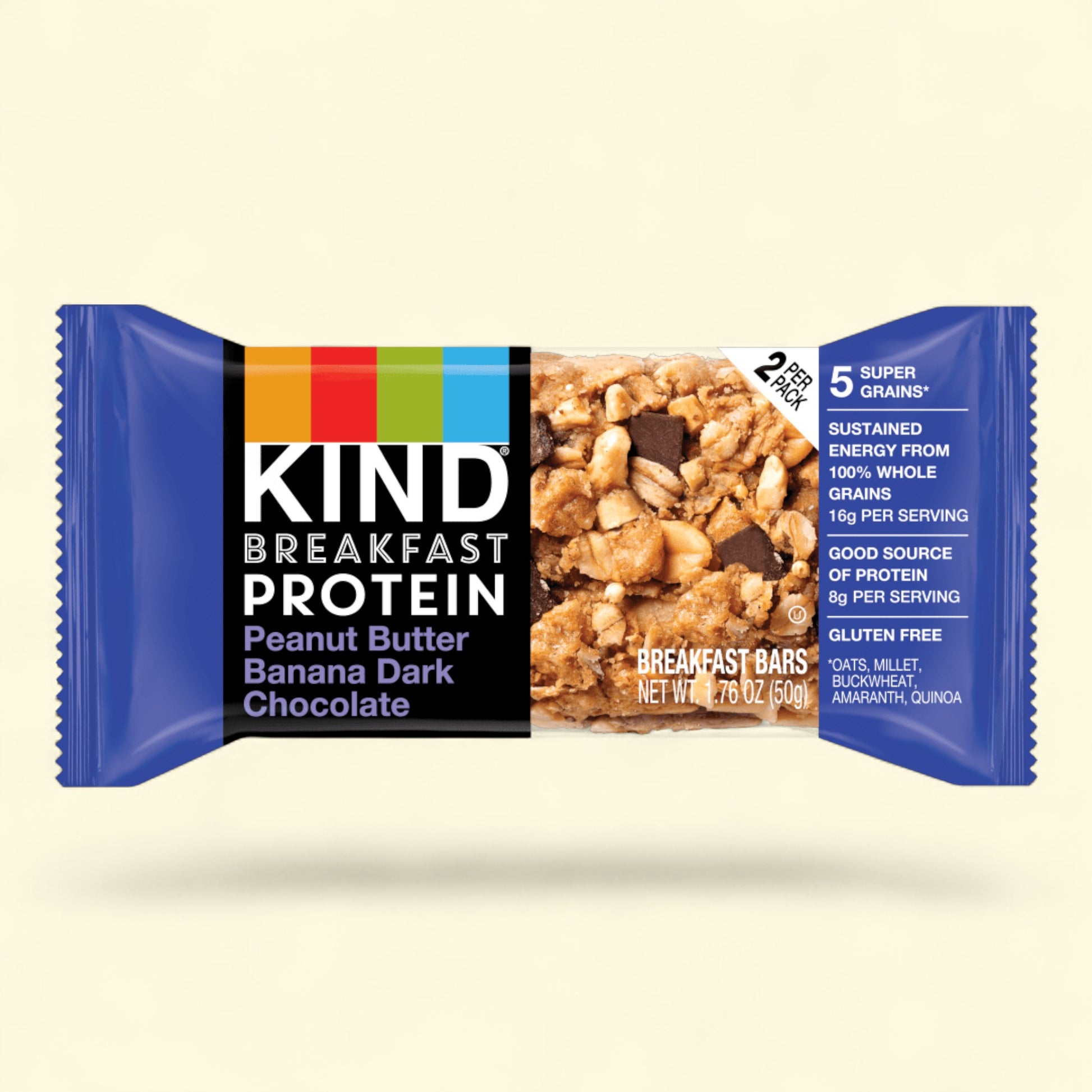 Kind Breakfast Protein peanut banana dark chocolate bar packaging on a beige background