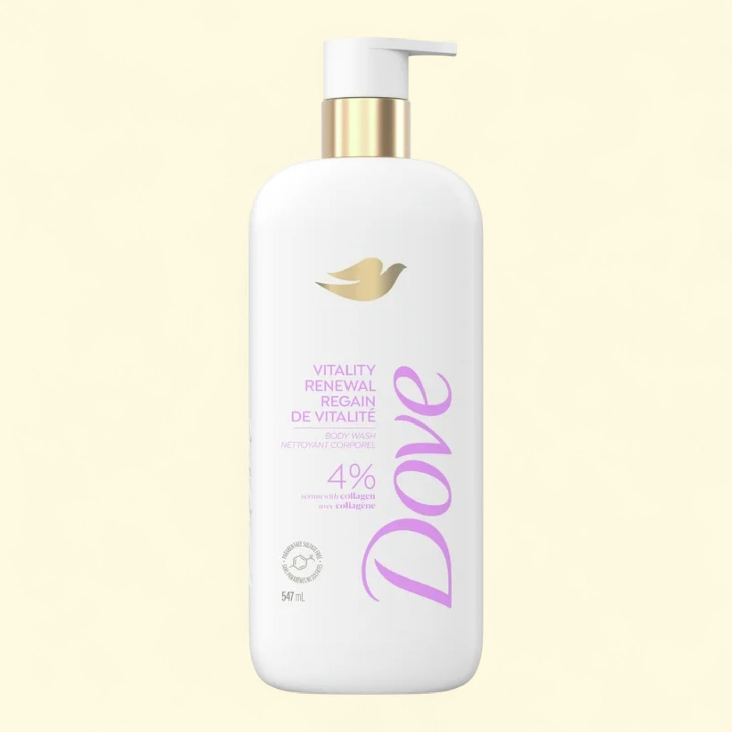 Dove shampoo bottle with pump on a light beige background