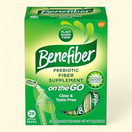 Box of Benefiber prebiotic fiber supplement on a beige background