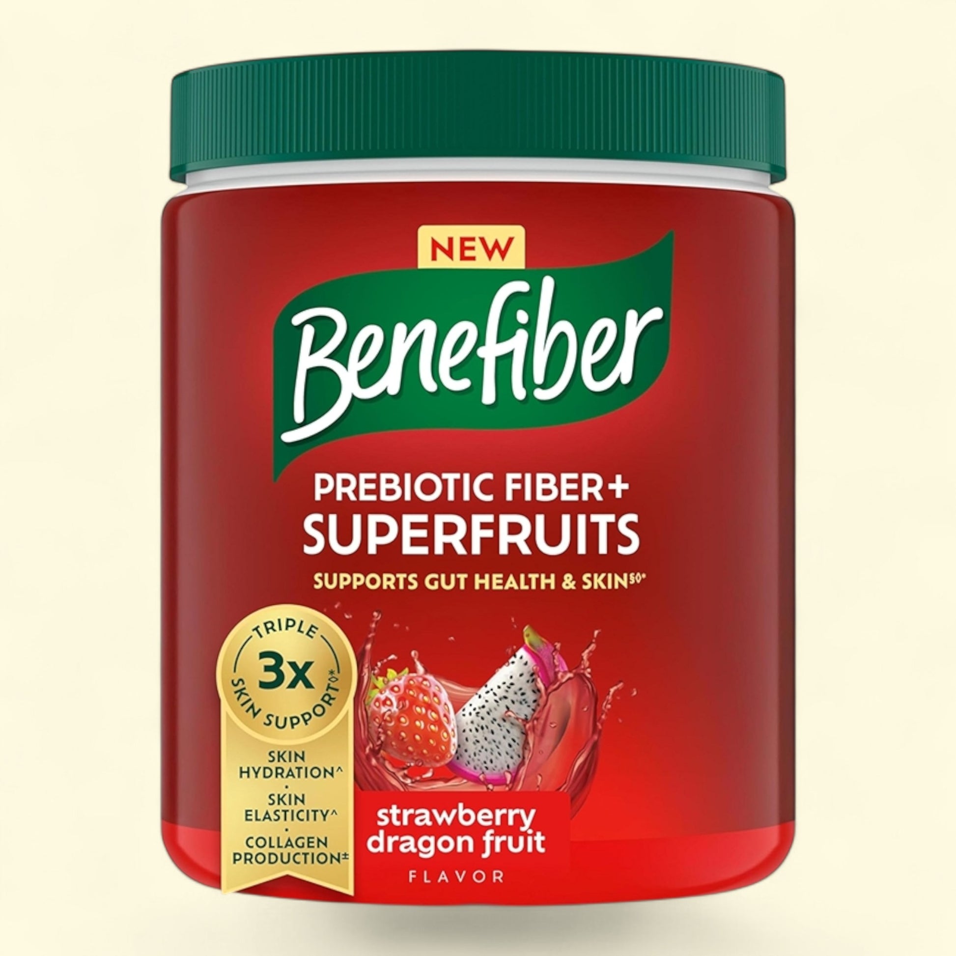 Benefiber prebiotic fiber supplement jar with strawberry dragon fruit flavor on a beige background