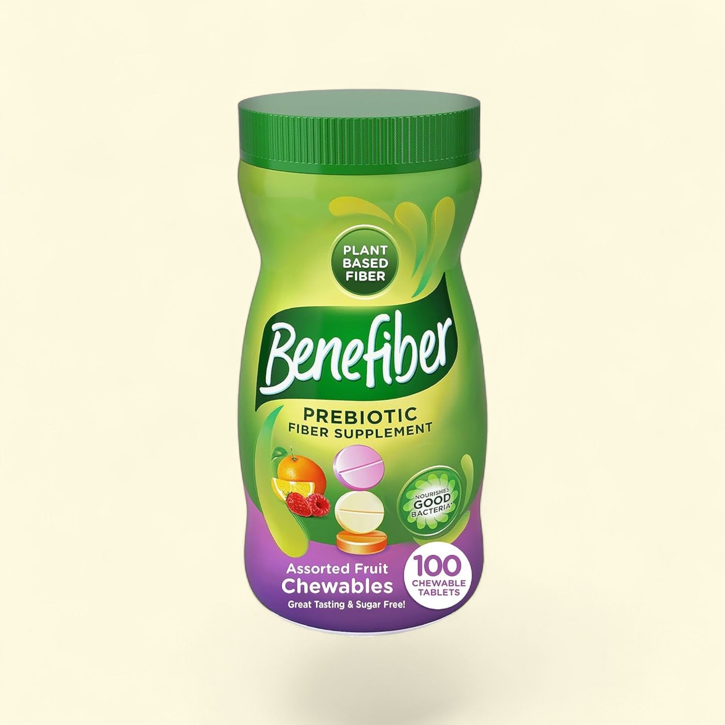 Benefiber prebiotic fiber supplement bottle on a beige background