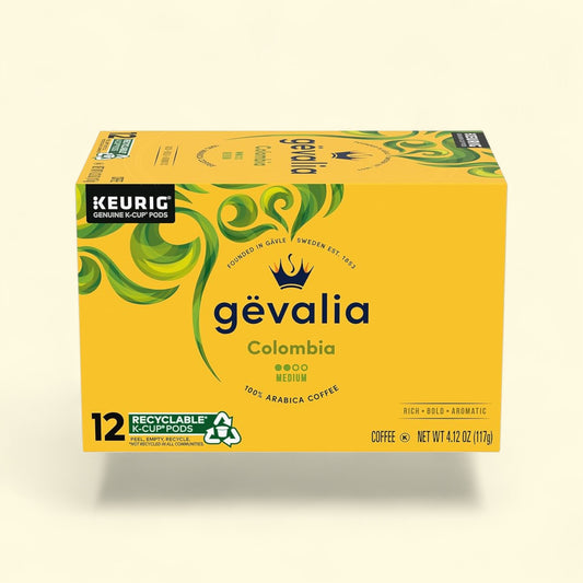Gevalia Colombia coffee K-Cup pods packaging on a beige background