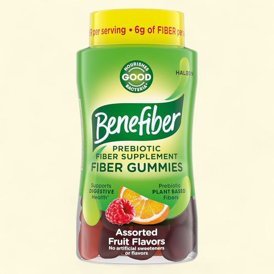 Benefiber prebiotic fiber supplement gummies packaging on a white background