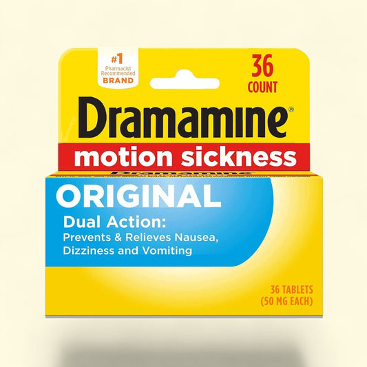 Dramamine motion sickness relief packaging with yellow and blue design on a beige background