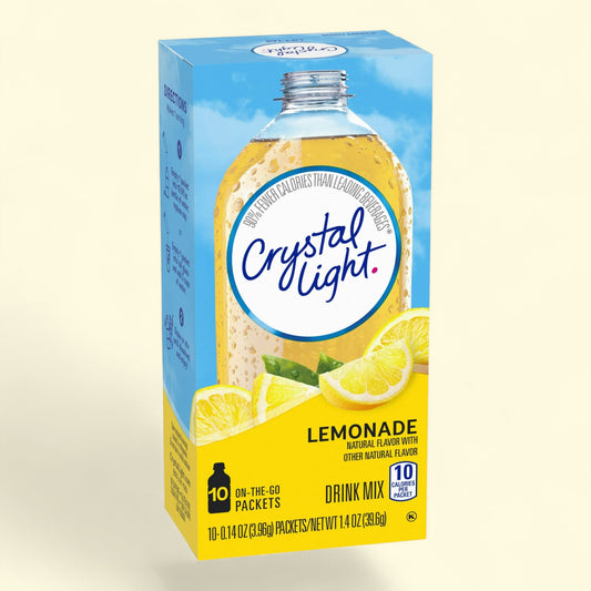 Crystal Light Lemonade drink mix box on a beige background