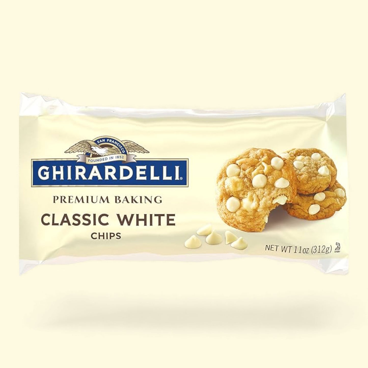 Ghirardelli Classic White baking chips packaging on a white background