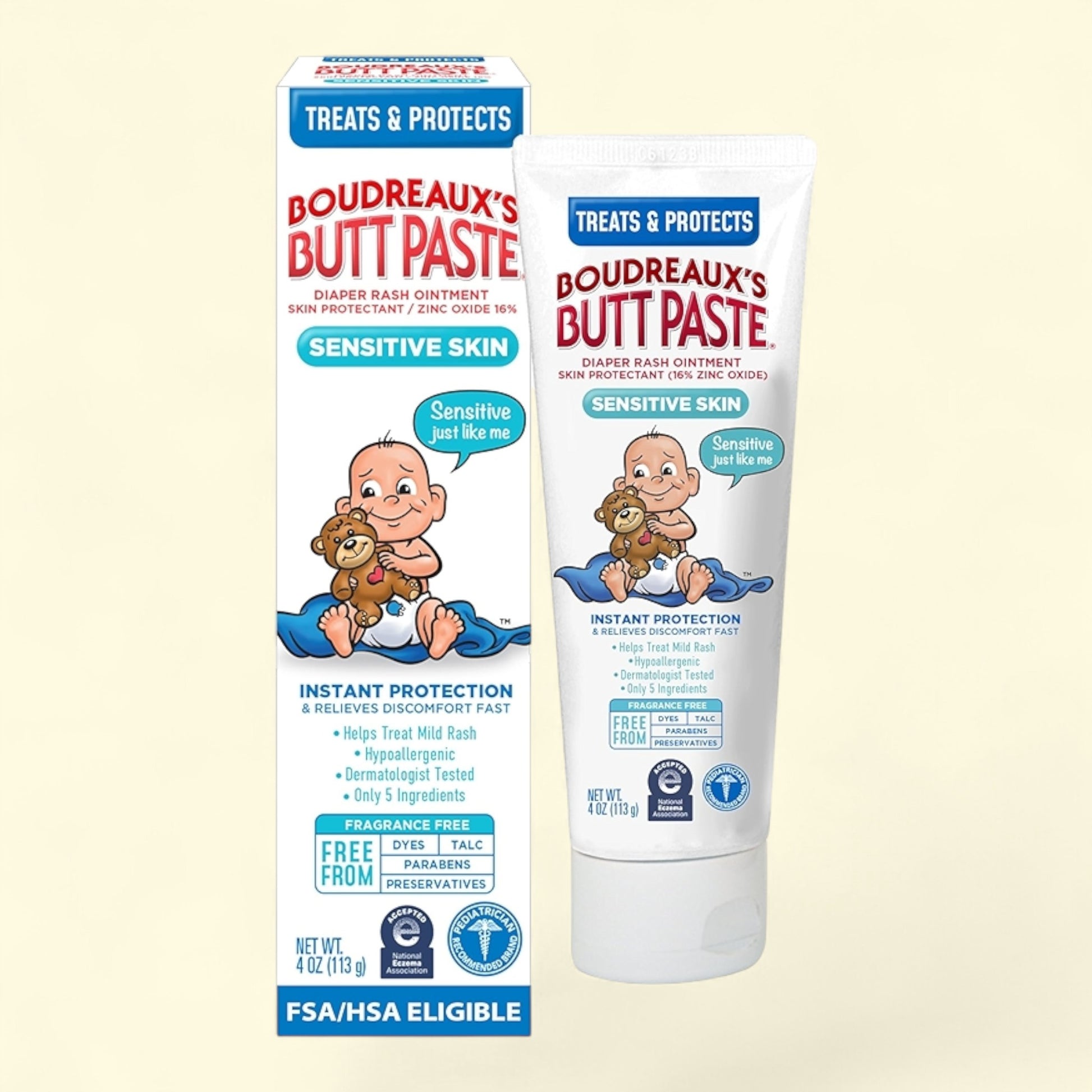 Boudreaux's Butt Paste diaper rash ointment packaging on a beige background