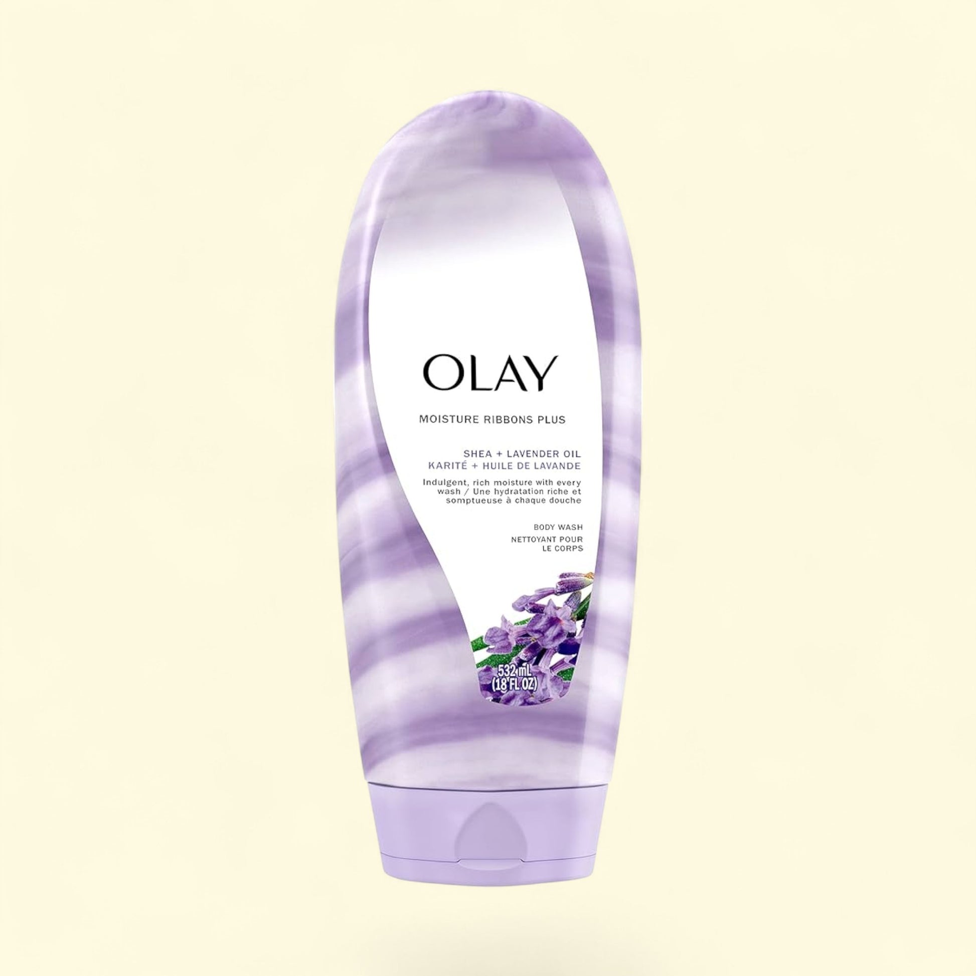 Olay body wash bottle with lavender design on a light beige background